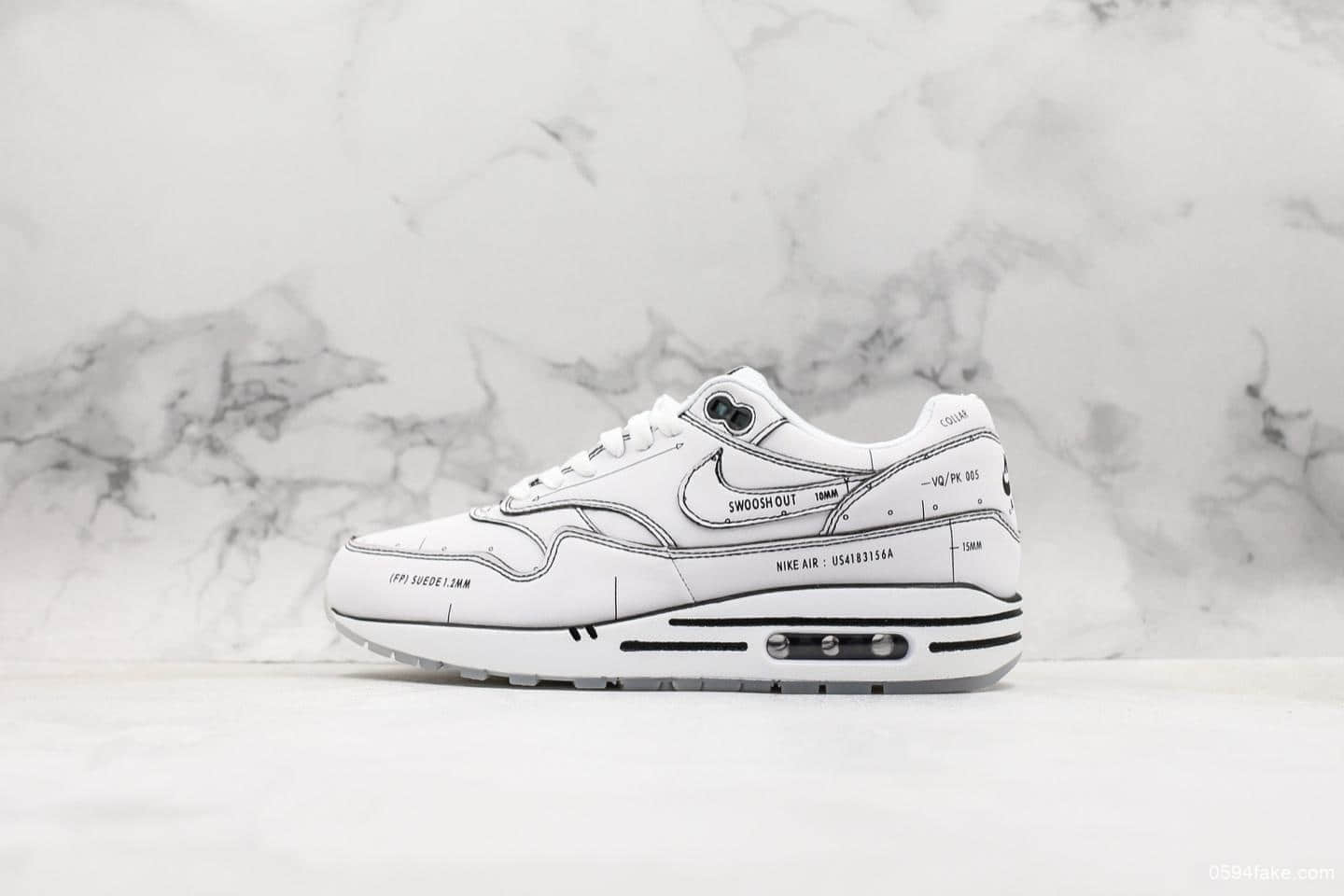 耐克Nike Air Max 1 Sketch Schematic联名款公司级手绘涂鸦小气垫手稿二次元黑线描绘小气垫运动潮鞋 货号:CJ4286-100
