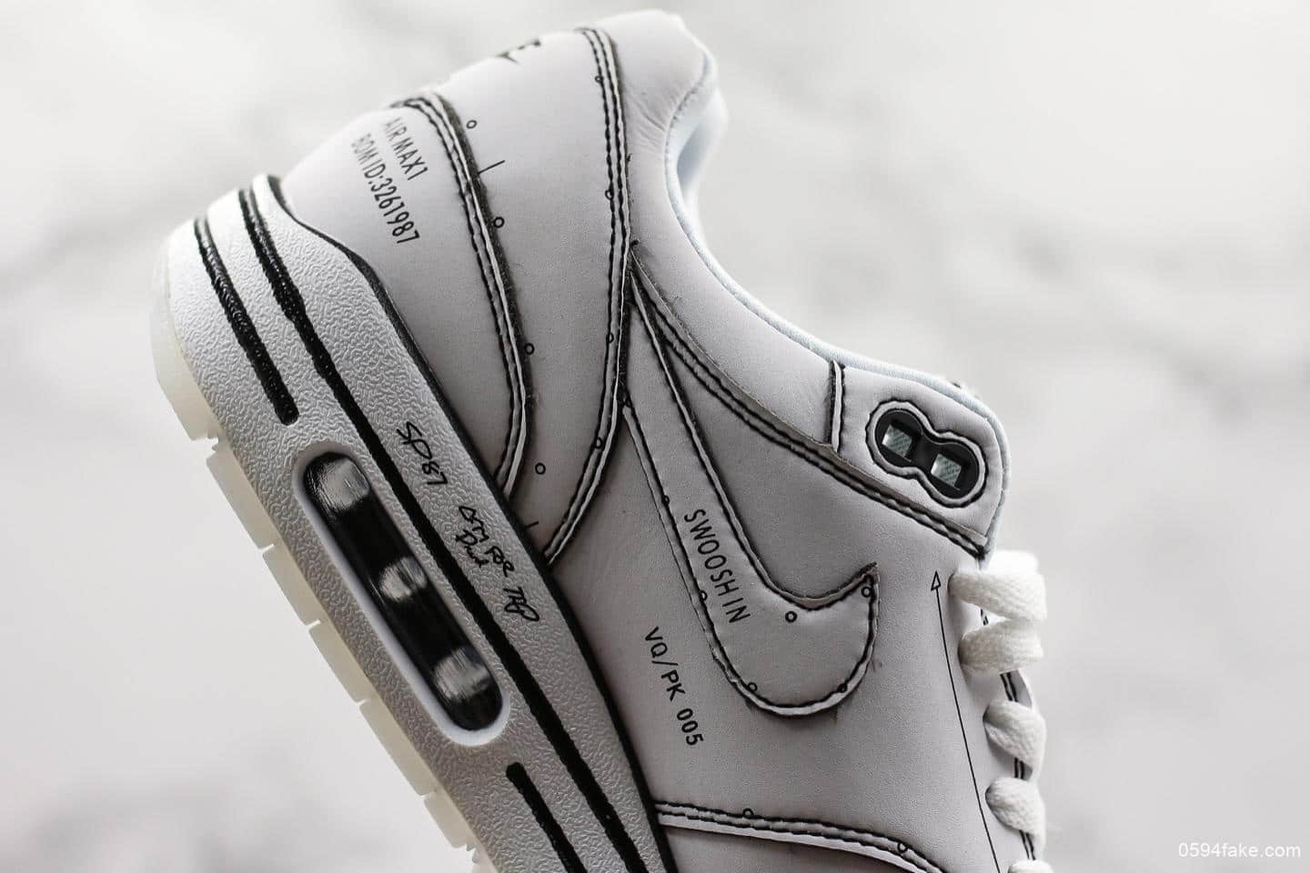 耐克Nike Air Max 1 Sketch Schematic联名款公司级手绘涂鸦小气垫手稿二次元黑线描绘小气垫运动潮鞋 货号:CJ4286-100