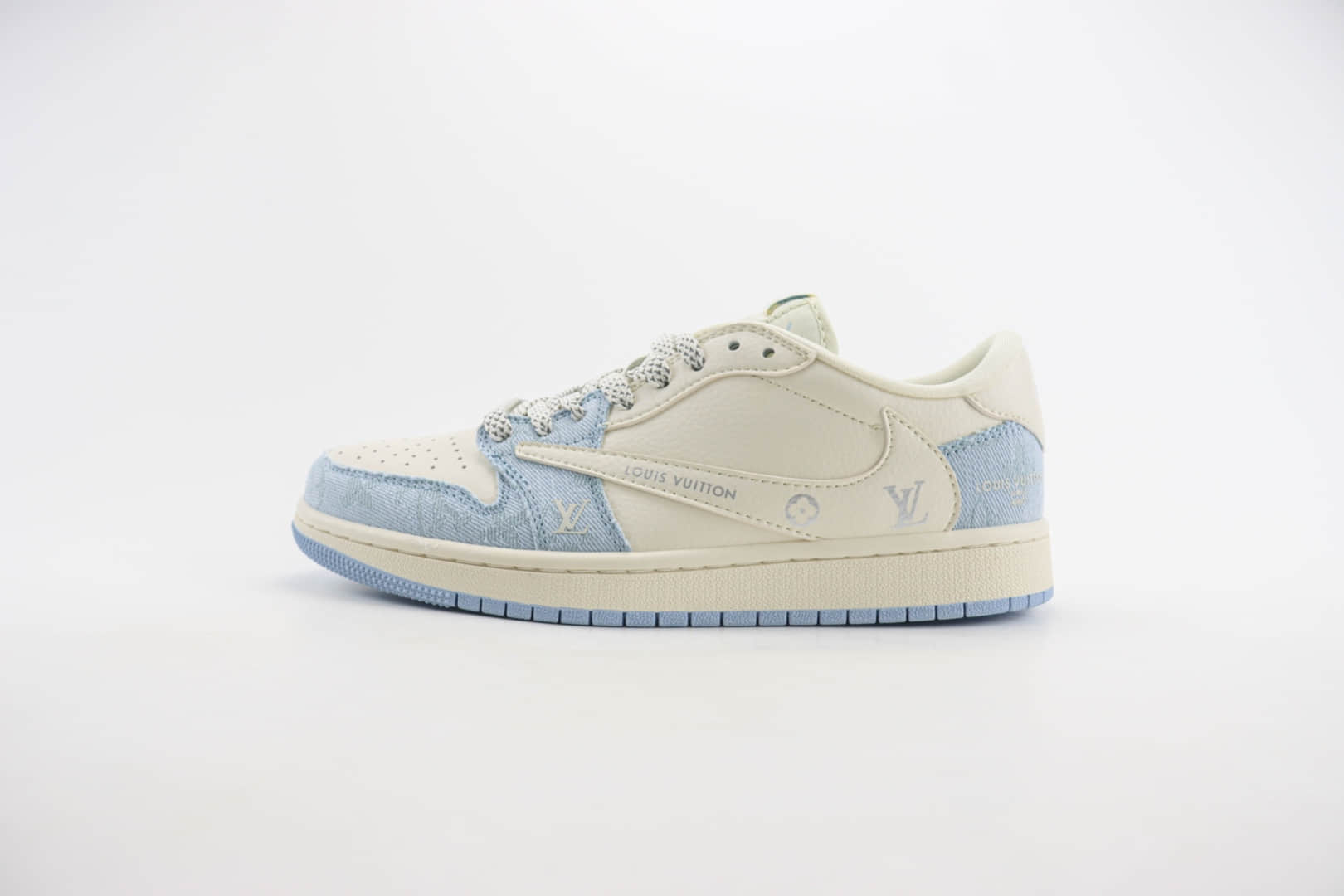 乔丹Louis Vuitton x Air Jordan 1 Low纯原版本倒钩AJ1联名LV米白牛仔蓝板鞋 莆田天花板AJ1 货号:LJ5188-003