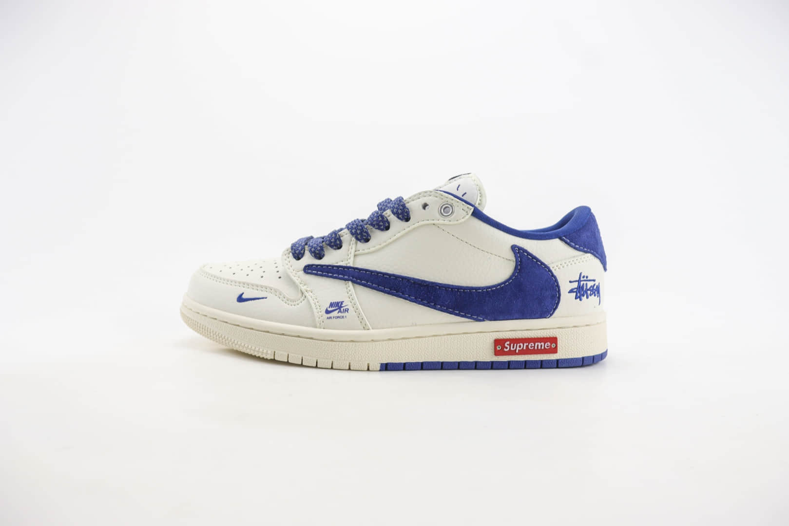 乔丹Stussy x Supreme x Air Jordan 1 Low纯原版本斯图西联名AJ1白蓝翻毛勾板鞋 莆田AJ货源 (ID:106897) - 图片1