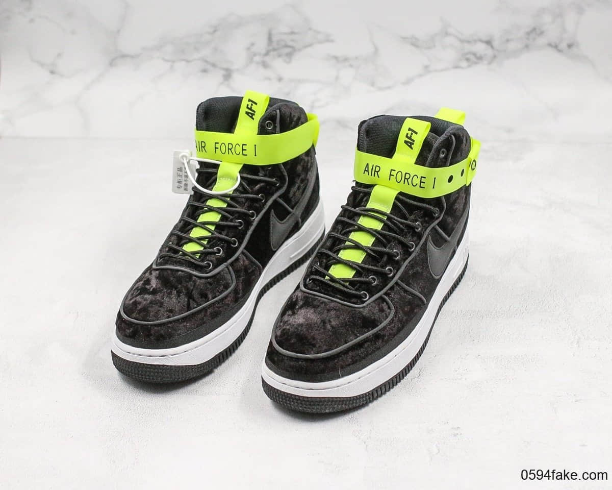 耐克Magic Stick x Nike Air Force 1 High空军一号联名款经典高帮板鞋丝绒黑荧光绿3M真标带半码原楦头纸板 货号:573967-003