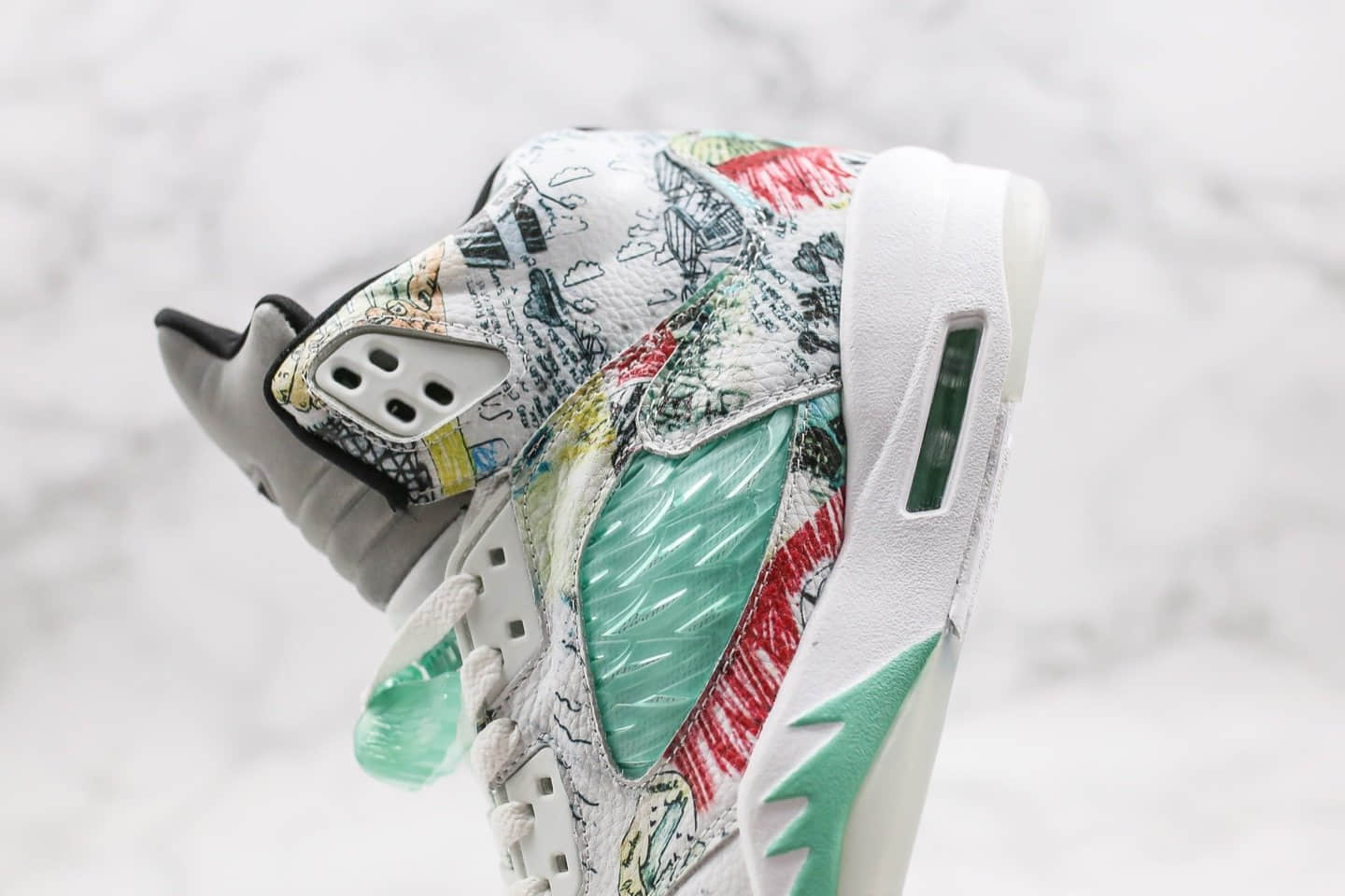 乔丹Air Jordan AJ5 Wings纯原版本高帮AJ5涂鸦3M反光蓝绿色原盒原标原厂鞋面材质 货号:AV2405-900