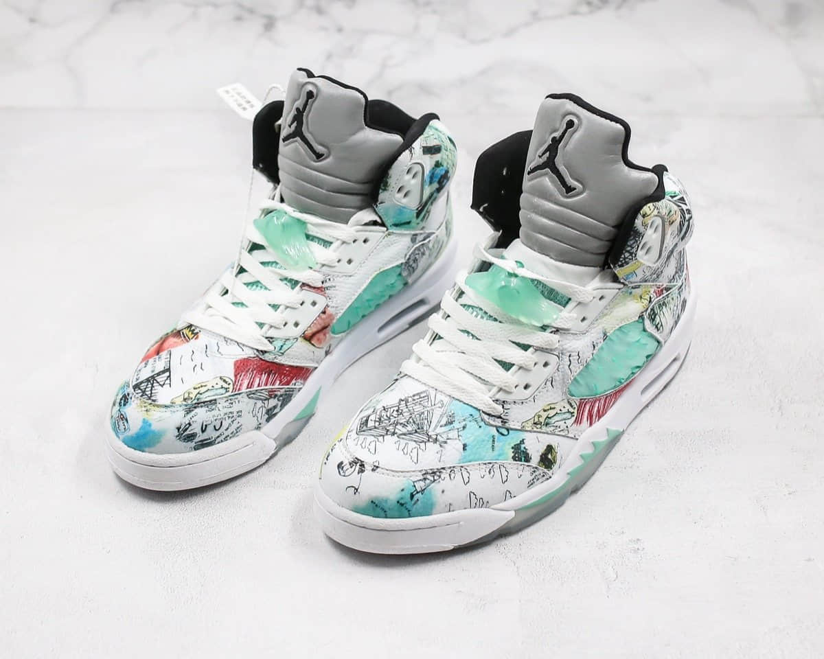 乔丹Air Jordan AJ5 Wings纯原版本高帮AJ5涂鸦3M反光蓝绿色原盒原标原厂鞋面材质 货号:AV2405-900