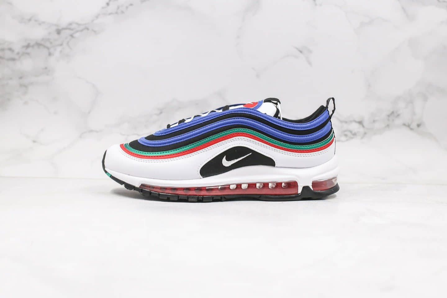 耐克Nike Air Max 97纯原版本子弹Max97气垫鞋黑蓝白绿红拼色内置真实气垫原盒原标 货号:CW7013-100
