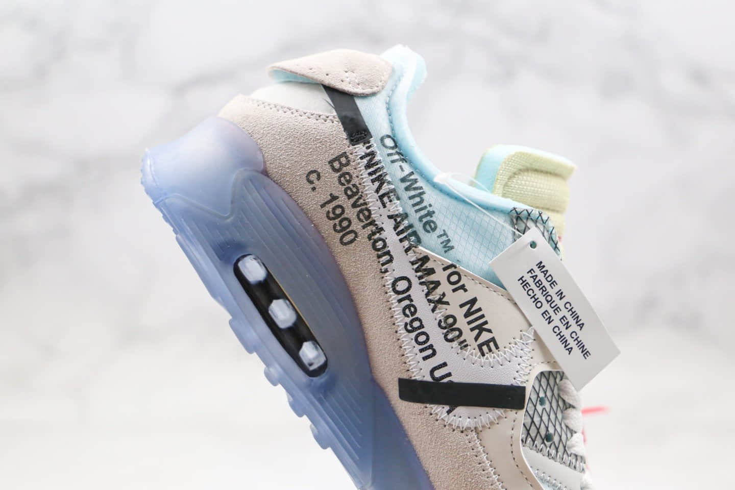 耐克Off -White x Nike Air Max 90 OW纯原版本联名款限量经典Max90气垫鞋白蓝色内置真实气垫原盒原标 货号:AA7293-100