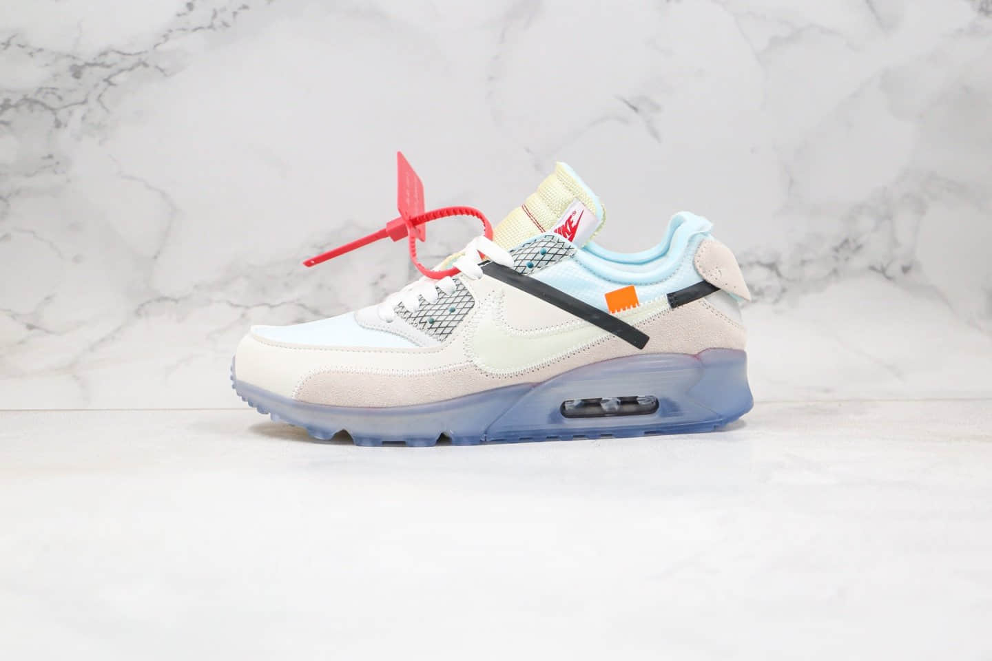 耐克Off -White x Nike Air Max 90 OW纯原版本联名款限量经典Max90气垫鞋白蓝色内置真实气垫原盒原标 货号:AA7293-100