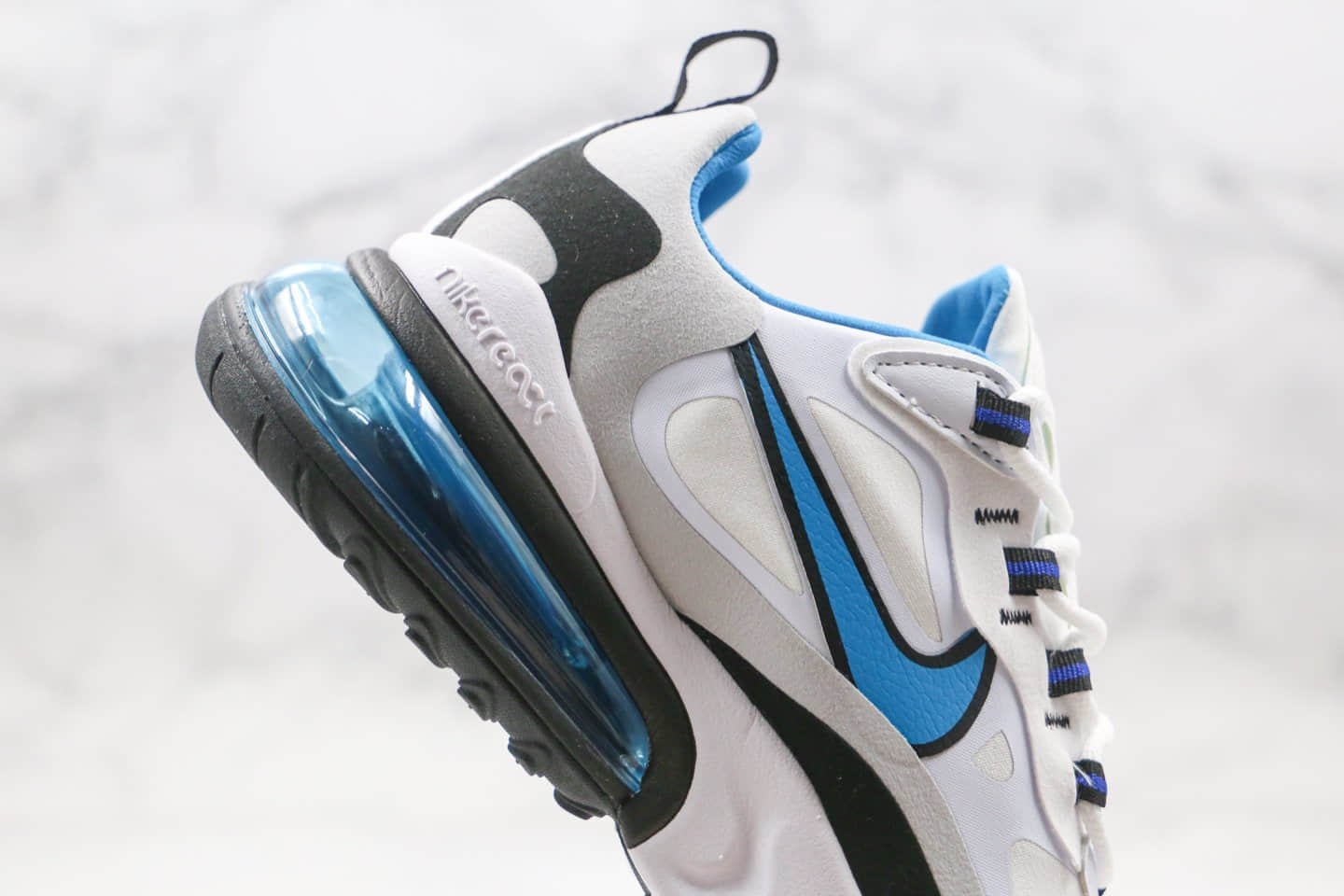 耐克Nike Air Max 270 React公司级版本机能半掌气垫跑鞋黑白蓝细节做工完全校准原鞋 货号:CT1280-101