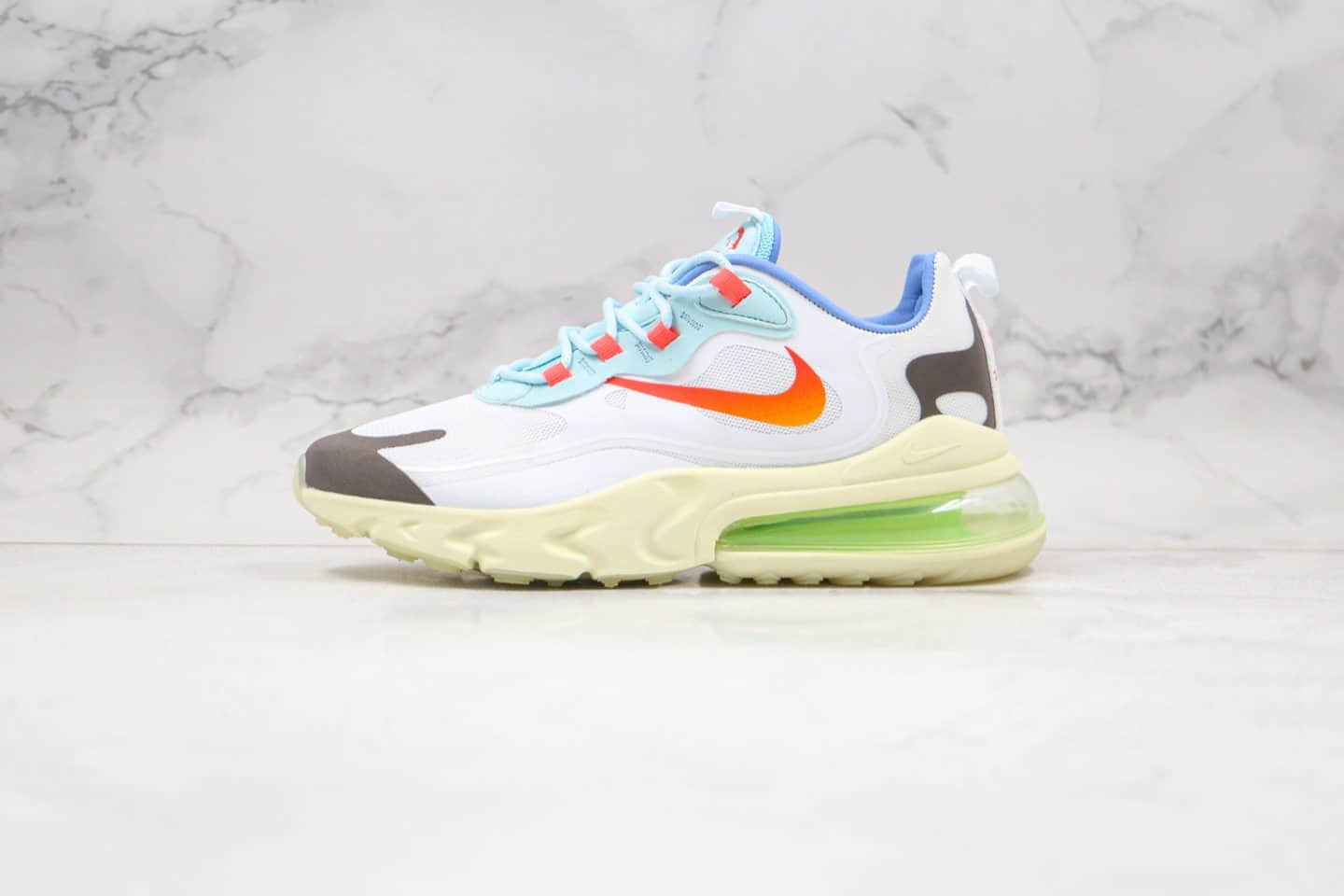 耐克Travis Scott x NiKe Air Max 270 React公司级版本气垫跑鞋倒钩淡奶油白蓝橙色原档案数据开发 (ID:42259) - 图片1