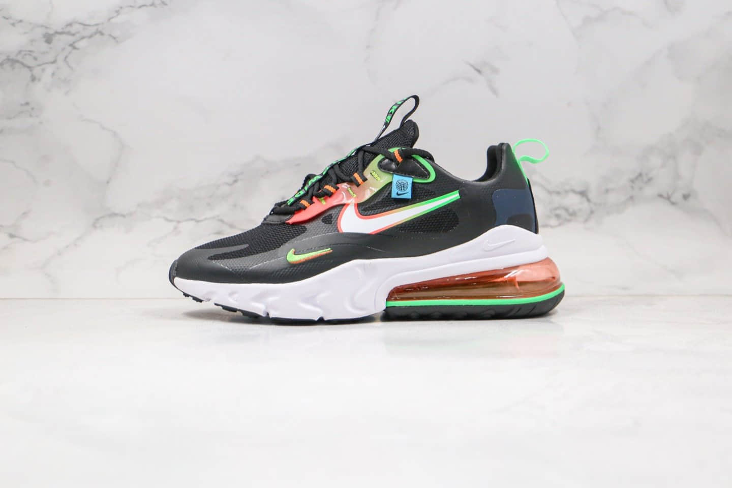 耐克Nike React Air Max 270 React LA Edition纯原版本高桥盾网纱系列Max270气垫鞋黑渐变红绿色内置真小潘气垫 货号:CK6547-001
