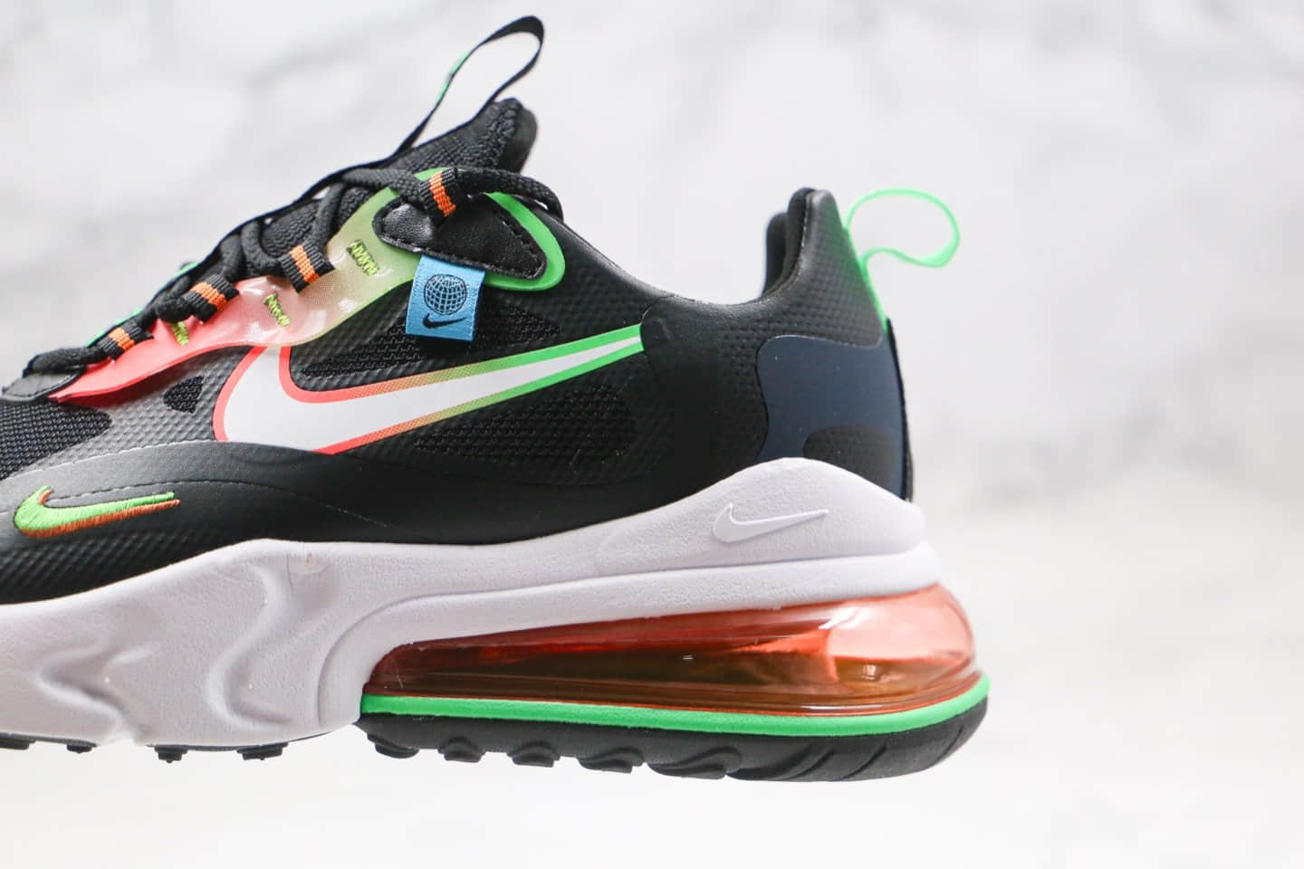 耐克Nike React Air Max 270 React LA Edition纯原版本高桥盾网纱系列Max270气垫鞋黑渐变红绿色内置真小潘气垫 货号:CK6547-001
