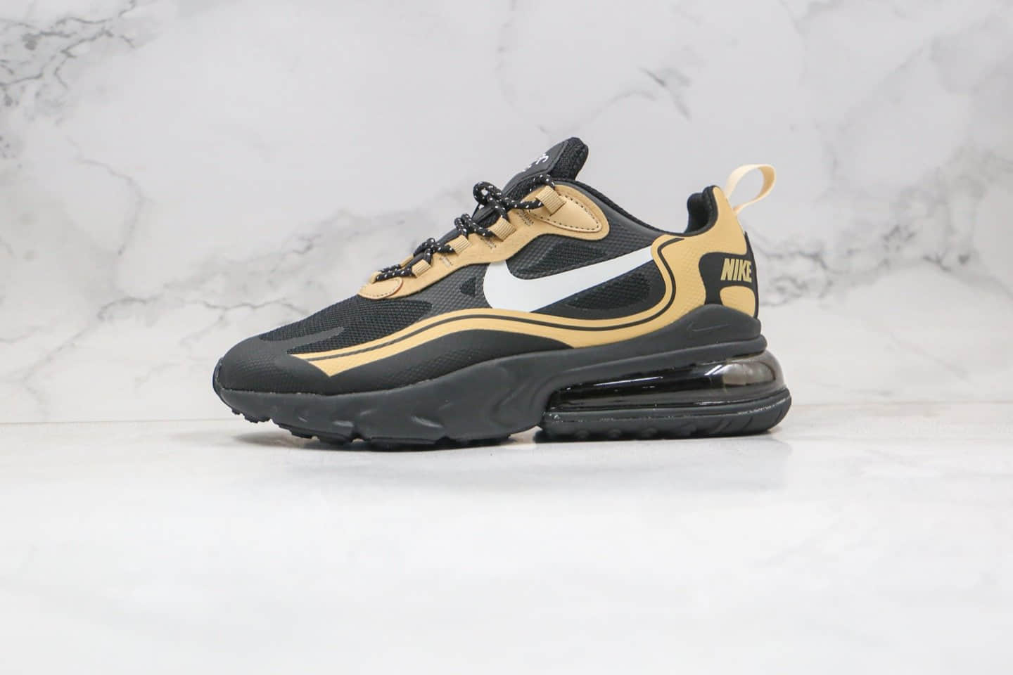 耐克Nike Air Max 270 React纯原版本气垫慢跑鞋Max270黑金色内置真小潘气垫 (ID:51129) - 图片1