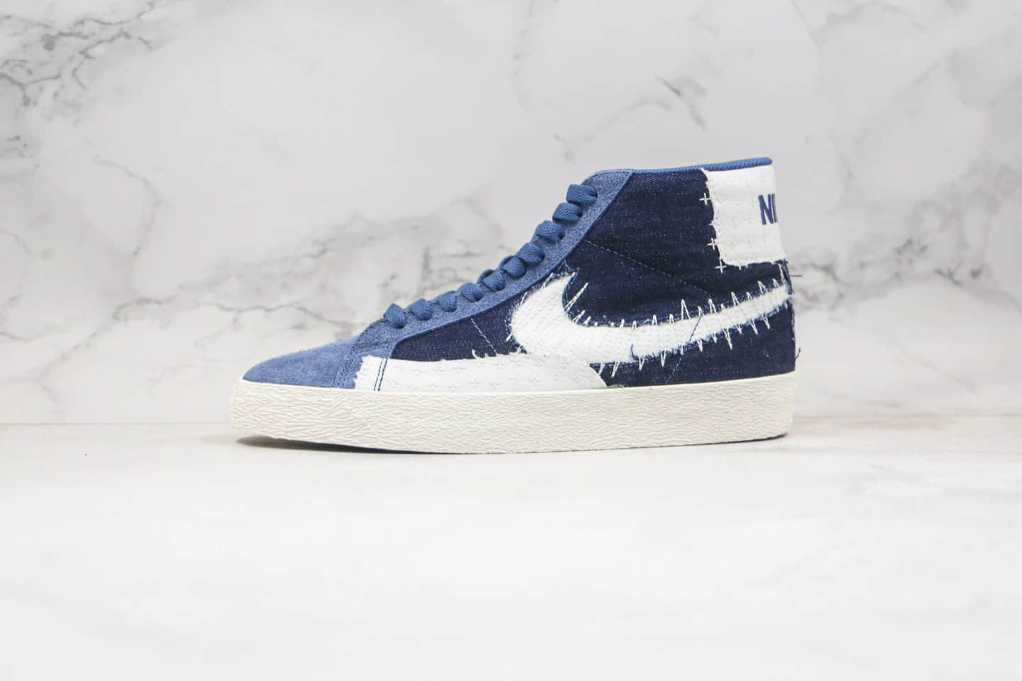 耐克Nike SB Blazer Mid Premium Sashiko Sesame纯原版本中帮开拓者王一博同款牛仔蓝色补丁刺绣板鞋原盒原标 (ID:51993) - 图片1