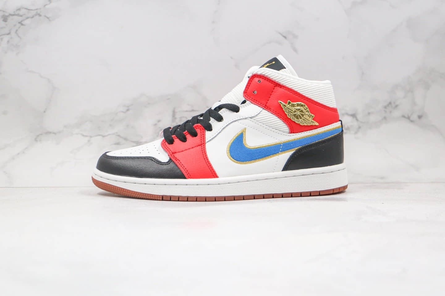 乔丹Air Jordan 1 Mid纯原版本中帮AJ1红蓝金色漆皮拼接灯芯绒篮球鞋原楦头纸板打造 (ID:55553) - 图片1