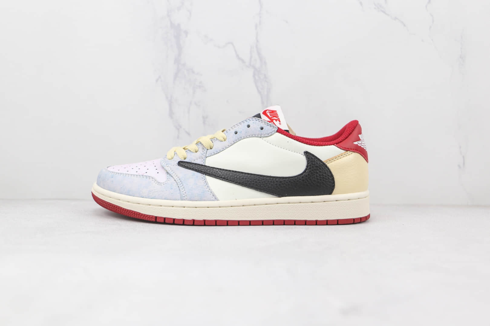 耐克Nike Air Jordan 1 Low OG SP White Red Fog Blue x Travis Scott联名款纯原版本低帮倒勾AJ1白红雾霾蓝板鞋原楦头纸板打造 (ID:80376) - 图片1
