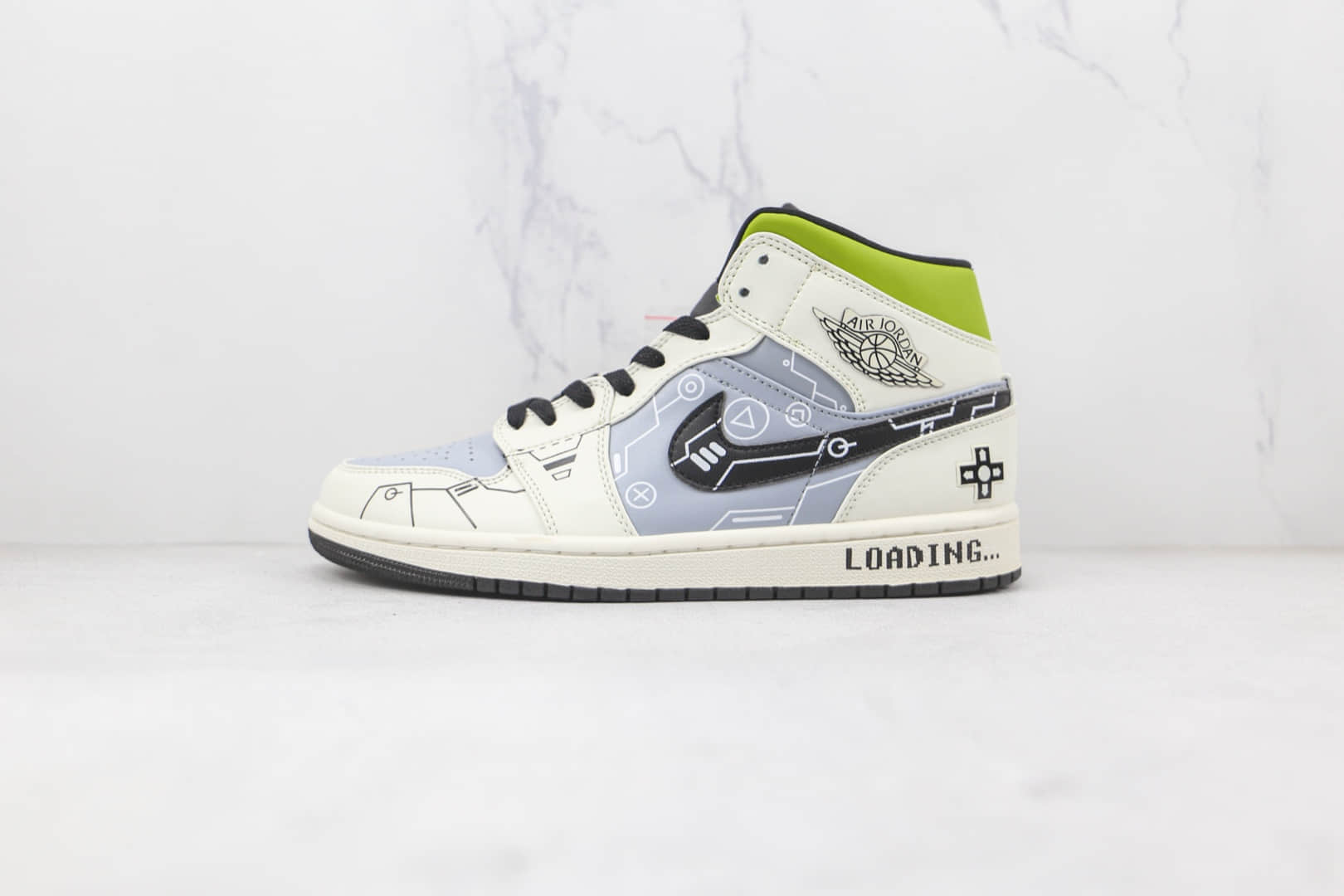 乔丹Air Jordan 1 Mid纯原版本中帮AJ1电玩主题系列白黑雾霾蓝绿游戏印花板鞋原盒原标 (ID:80445) - 图片1