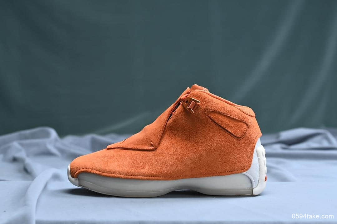 乔丹Air Jordan 18 Orange Suede渠道纯原版本AJ18原厂纯色头层麂皮包裹双层Zoom+双层碳板亮眼鞋垫搭载碳板AJ18实战篮球鞋 (ID:9389) - 图片1