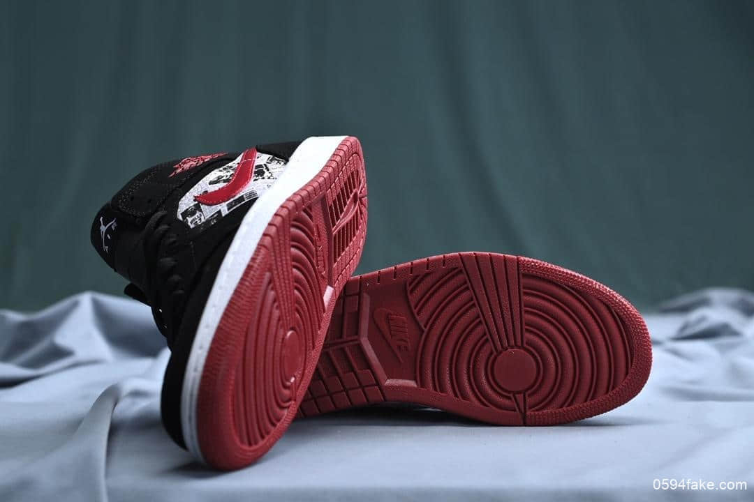 乔丹Air Jordan 1 Mid纯原版本乔老爷涂鸦鞋面AJ1中帮红色钩子小黑红熊猫脚实战篮球鞋 货号:852542-061